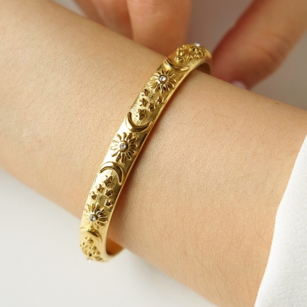 Bohemian Crescent Star Bangle Bracelet | Gold Plated Stainless Steel